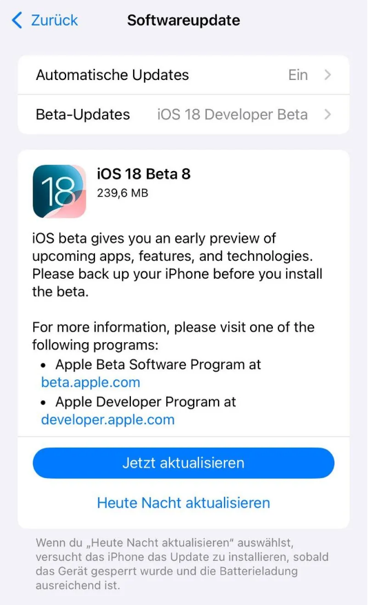 长顺苹果手机维修分享苹果 iOS / iPadOS 18 开发者预览版 Beta 8 发布 